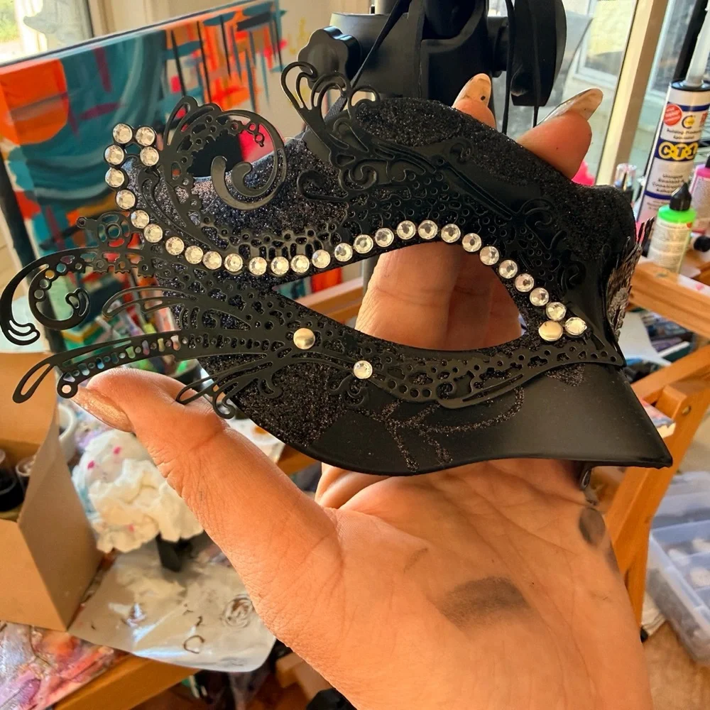 Pair of Black Rhinestone Filigree Masquerade Masks with a little black sparkle